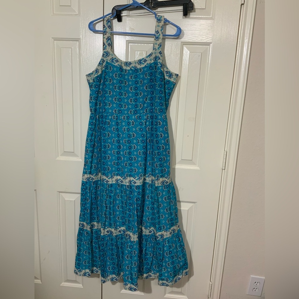 Harlow & Rose Midi Smocked Lined Blue Sun Dress Boho Prairie Style Size Large